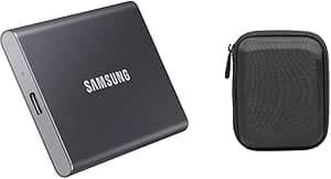 Samsung T7 Portable SSD - 1 TB - USB 3.2 Gen.2 Externe SSD Titan Gray (MU-PC1T0T/WW) + Amazon Basics Festplattentasche, schwarz