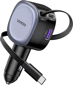 UGREEN Zigarettenanzünder USB C 75W Einziehbares Auto Ladegerät KFZ Ladegerät 60W USB C Schnellladegerät Handy Auto zubehör 12v USB Ladekabel Auto Adapter für iPhone 17, ipad, Galaxy S24/S25, GPS usw