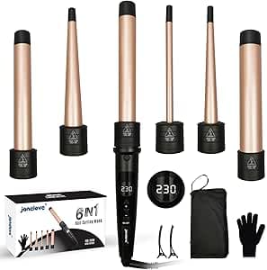 9-32mm Lockenstab mit Verschiedenen Aufsätzen - janelove 6 in 1 Lockenstab für Große Locken und Kleine Locken, 80°C-230°C Lockenstäb set für Kurze Haare mit Handschuhe & Nylontasche (Gold)