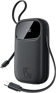 Baseus QPow3 Powerbank 45W 20000mAh mit 2 integriertem USB-C Kabel, Power Bank PD3.0 QC4.0, 3 USB C und 1 USB A, LED Display Schnellladefunktion für iPhone 17/16/15/14 Pro Max, iPad, Galaxy, Schwarz