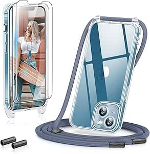 GOODVISH 3 in 1 Handykette für iPhone 13 6,1 Zoll - mit 2 Stück Schutzfolie - Necklace Hülle mit Band [Kameraschutz] [360°-Schutz] Handyhülle für zum Umhängen - Transparent Case mit Schnur, Blau