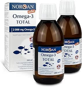 NORSAN Premium Omega 3 Fischöl Total Naturell hochdosiert 2er Pack (2x 200 ml) - 2.000mg Omega 3 pro Portion - hochwertiges Öl 1120mg EPA & 536mg DHA und mit 800 IE Vitamin D3