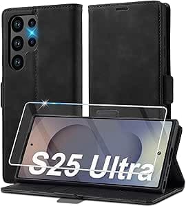2025 Neu für Samsung Galaxy S25 Ultra Hülle Leder, Mit Schutzfolie, Handyhülle für Samsung S25 Ultra 5G Klapphülle Klappbar Flip Standfunktion Kartenfach Wallet Case Schutzhülle Holster