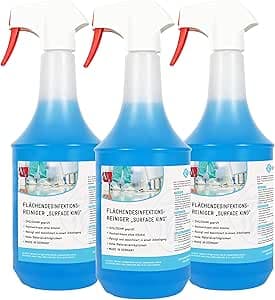 Desinfektionsreiniger für Oberflächen | hocheffizient | begrenzt viruzid | gebrauchsfertig | Kombipaket aus 3 x 1 Liter Sprühflaschen | Wellness, Solarium, Yogamatte, Sportgeräte, Gastro uvm.